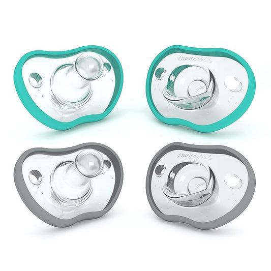 Nanobebe Baby Pacifiers 0-3 Month - Orthodontic, Curves Comfortably with Face Contour, Award Winning for Breastfeeding Babies, 100% Silicone, Baby Registry Gift 4pk,Teal/Grey