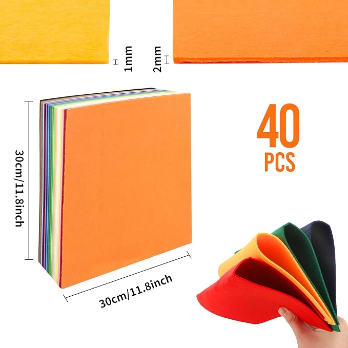 40PCS 12 x 12”, 2mm Thick Stiff Felt Fabric Sheets Assorted Colours Felt Pack - Image 3