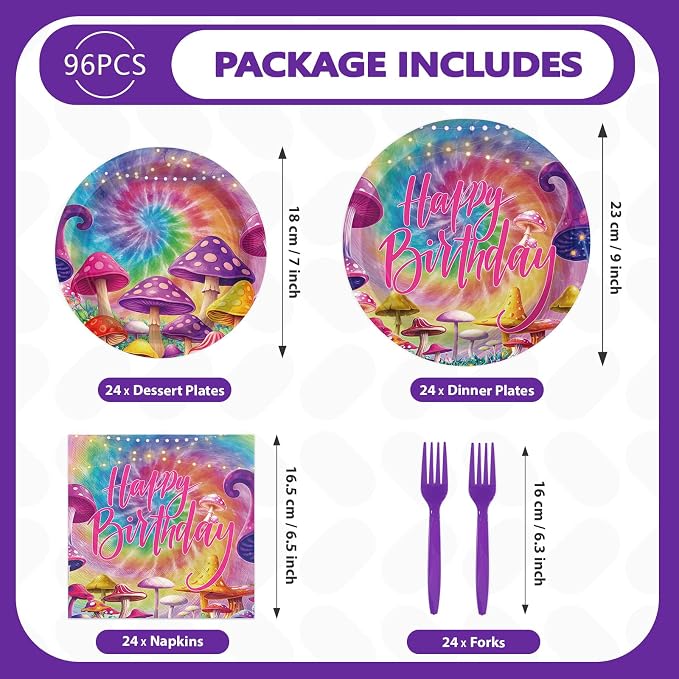 96Pcs Tie Dye Mushroom Birthday Party Decorations Tie Dye Plates and Napkins - Image 5