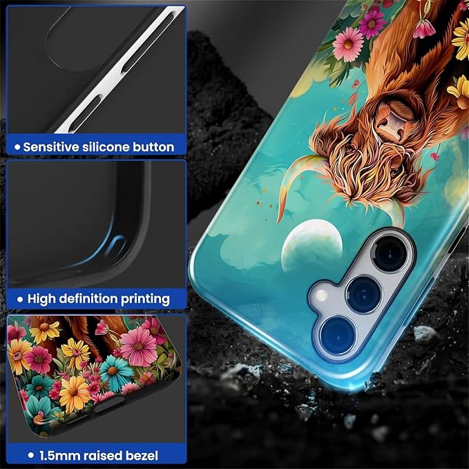 for Samsung Galaxy S25 FE Case, Highland Cow Flower Pattern Glossy 2 in 1 - Image 6