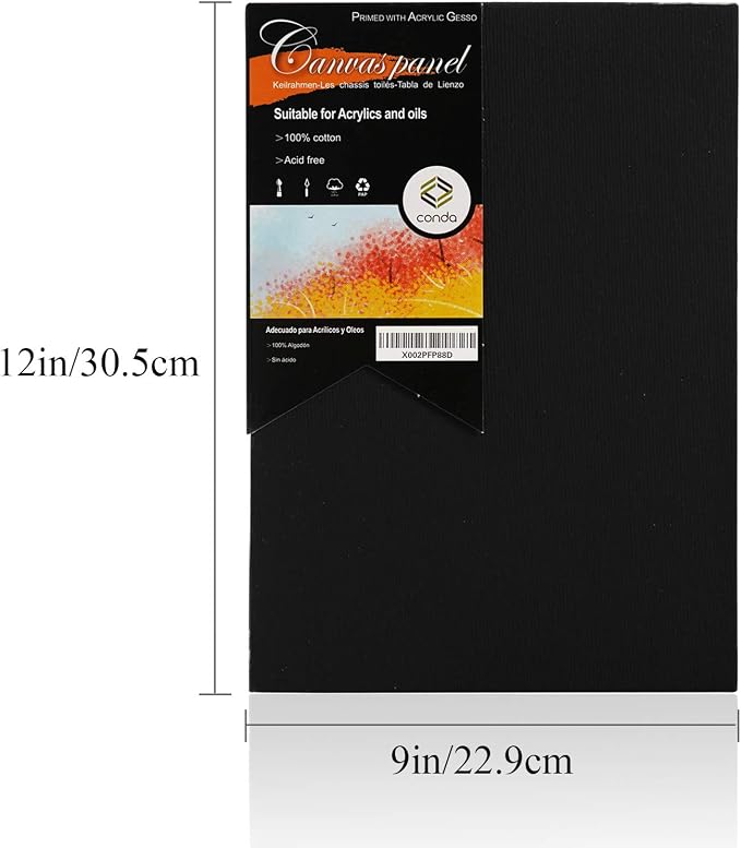 CONDA Black Canvases for Painting 9x12 inch, 100% Cotton Acid-Free, 8 oz - Image 2