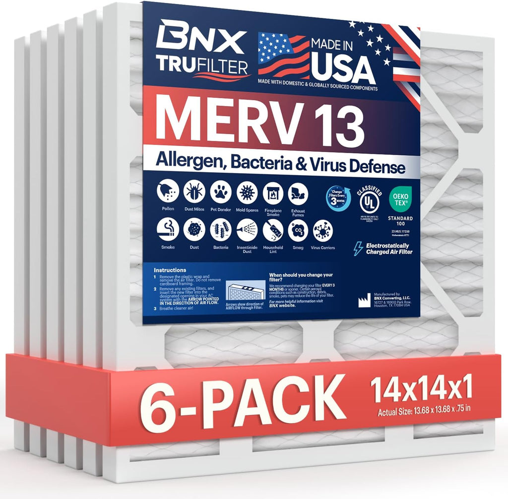 BNX TruFilter 14x14x1 Air Filter MERV 13 (6-Pack) - MADE IN USA - Electrostatic Pleated Air Conditioner HVAC AC Furnace Filters for Allergies, Pollen, Mold, Bacteria, Smoke, Allergen, MPR 1900 FPR 10