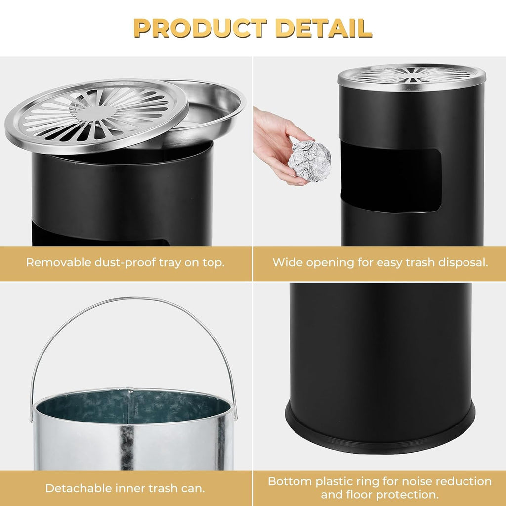 Trash Can Outdoor Waste Container Round Stainless Steel Trash Can with Removable Inner Bucket for Disposal Commercial Waste Container with Hollow Tray 9.8‘’ x 24‘’-Black