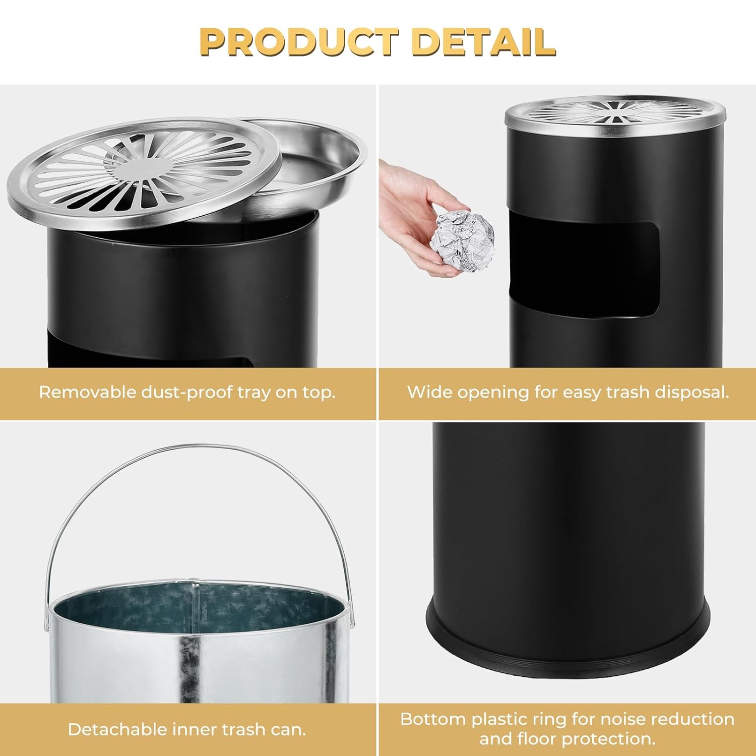 Trash Can Outdoor Waste Container Round Stainless Steel Trash Can with Removable Inner Bucket for Disposal Commercial Waste Container with Hollow Tray 9.8‘’ x 24‘’-Black