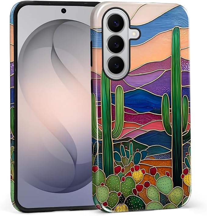 for Samsung Galaxy S26+ Case, Stained Glass Cactus Pattern Glossy 2 in 1 by Teonvpu