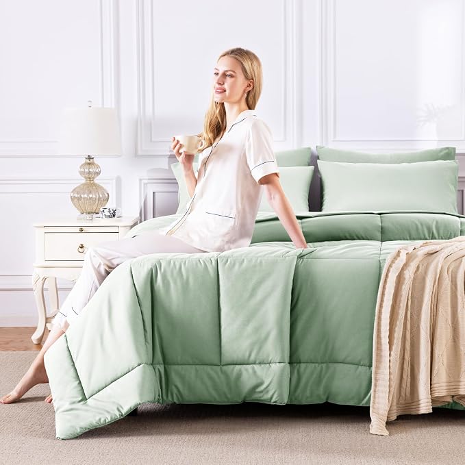 CozyLux Queen Comforter Set Sage Green, 7 Pieces Bed in a Bag, All Season - Image 7