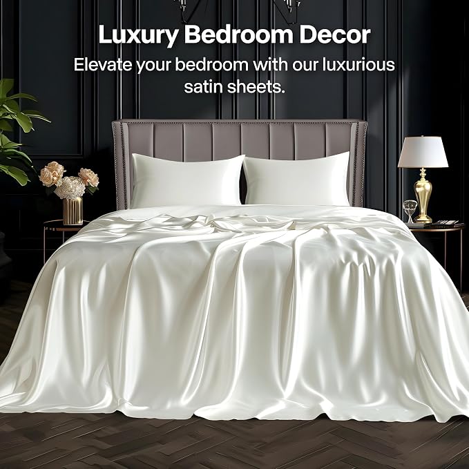 BEDELITE Satin Sheets Full Size Bed Set, Luxury Soft Ivory White Silky Sheet - Image 2