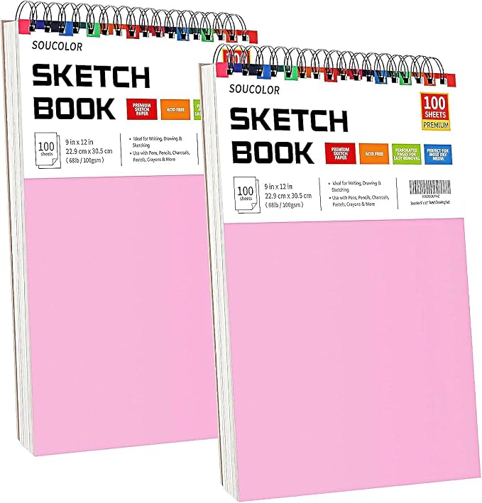 Sketchbook for Girls 9x12, 2 Pack Cute Pink Sketch Book for Teen Girls | 200 by Soucolor