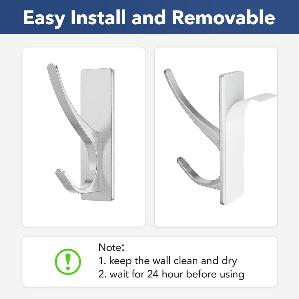 Self-Adhesive Coat Hooks for Hanging - Heavy Duty Stainless Double Wall Hook for Towel, Backpack, Hat, Sturdy Metal Hanger for Bathroom, Bedroom, Door, Wall Mounted, 4-Pack, Silver, New