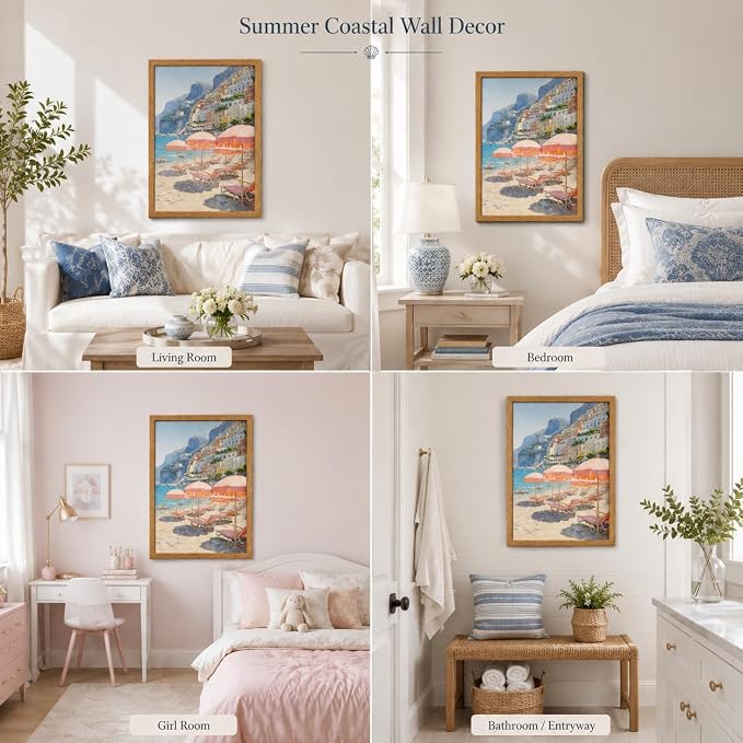 Framed Pink Umbrella Coastal Canvas Wall Art, Beach Scene Painting Picture Wall - Image 6