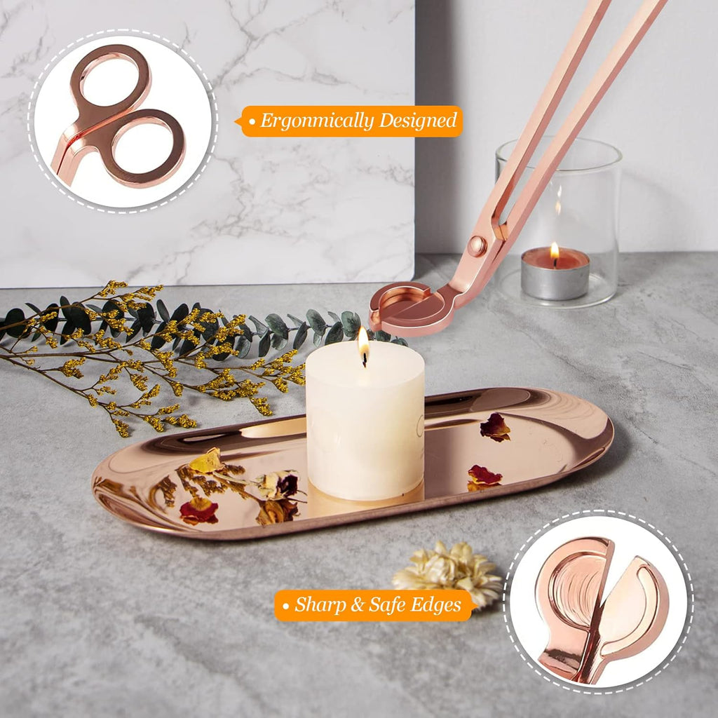 Lsnisni 5Pcs Accessory Set With Rechargeable Electric Lighter, Storage Tray, Wick Trimmer, Snuffer, Dipper, Stainless Steel Care Kit Gift Package for Candle Lover Rose Gold