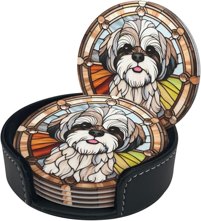 Drink Coaster Set of 6, Shih Tzu Dog Mom Lover Gift, Leather Drink Coasters - Image 9