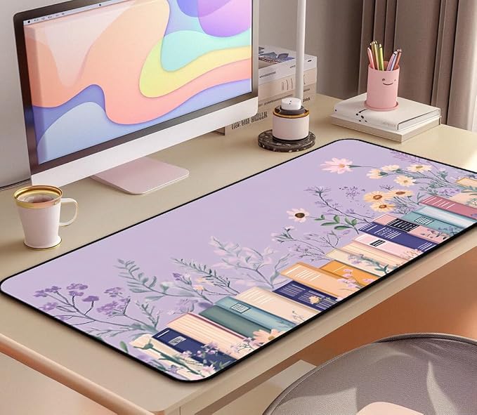 Purple Book Desk Pad Mat XXL, Lavender Flower Large Mousepad, Game Desk Mat - Image 5