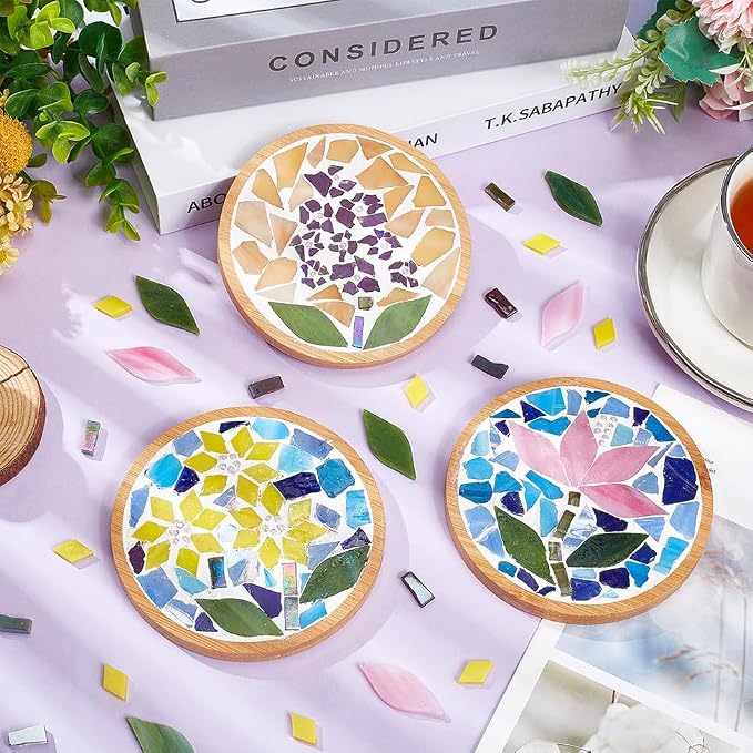 WEBEEDY DIY Mosaic Craft Kit 3 Sets Flower Mosaic Bamboo Coasters Kits - Image 4