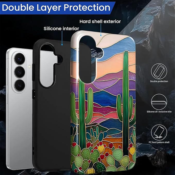 for Samsung Galaxy S26+ Case, Stained Glass Cactus Pattern Glossy 2 in 1 - Image 6