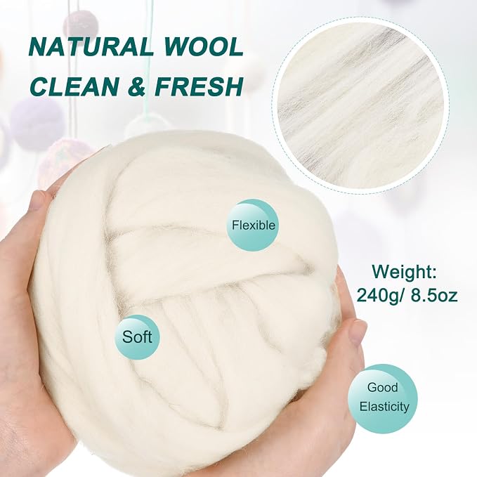uxcell Needle Felting Wool, 8.5 Oz Nature Fibre Wool Yarn Roving - Image 2