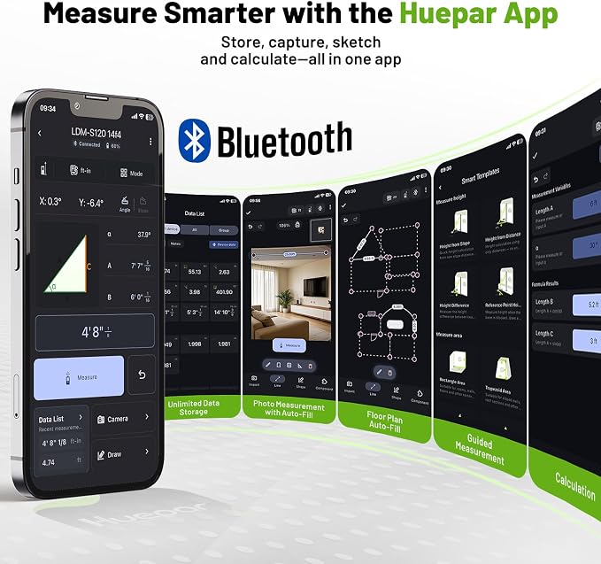 Huepar 395FT Bluetooth Green Laser Measuring Tool S120-G-BT | 1/16in Accuracy - Image 6