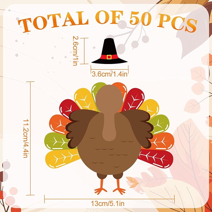 FYSUIMU 50 Sets Fall Thanksgiving Turkey DIY Cutouts Turkey and Hat Cut-Outs - Image 2
