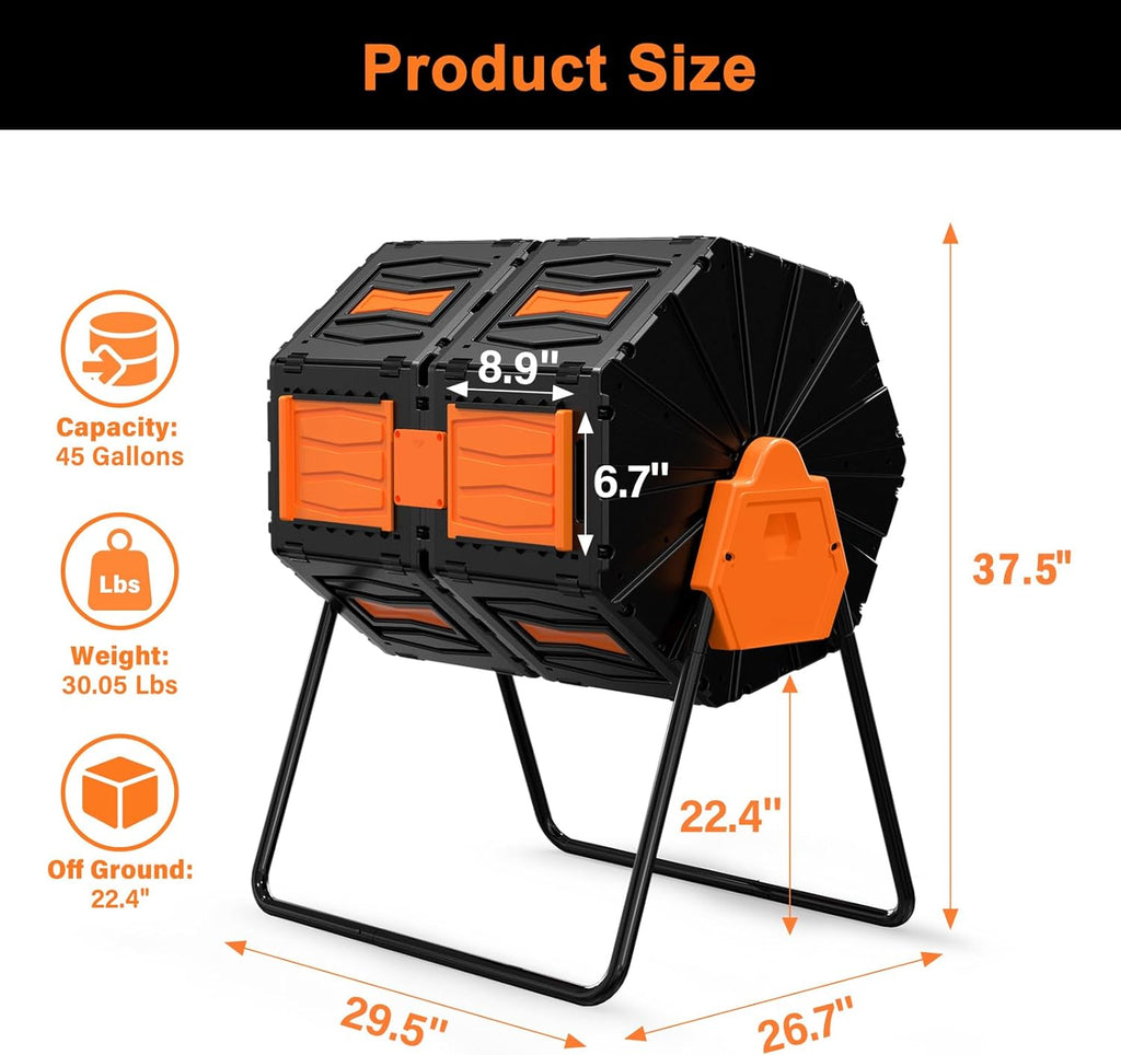 Compost Tumbler, Easy Assemble & Efficient Outdoor Compost Bin, 45 Gallon/170 Liter Large Dual Chamber Rotating Composter for Garden, Kitchen, and Yard Waste, Orange Door