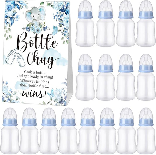 TrelaCo Bottle Chug Baby Shower Game Sign 20 Pcs Baby Bottles Shower Favor Plastic Greenery Flowers Bear Elephant Butterfly Gift Set for Gender Reveal Party(Cute Elephant,Blue)