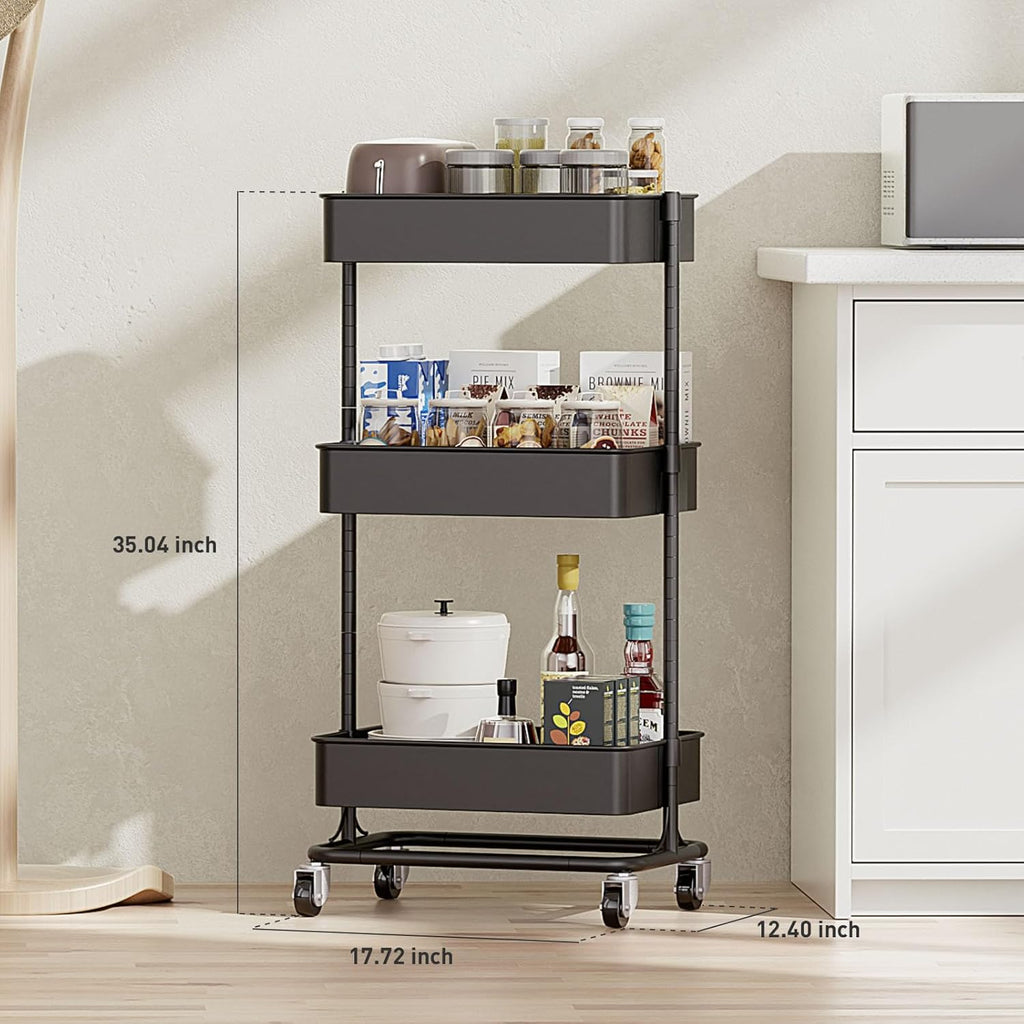 3 Tier Modern Metal Rolling Tool Cart with Silent Casters, 17.72×12.40×35.04 inch Heavy Duty Organization Truck Trolley Organizer for Office, Living Room, Kitchen, (Black)