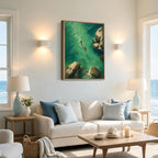 Framed Green Coastal Swim Canvas Wall Art Aerial View of Two Girls Swimming in - Image 6