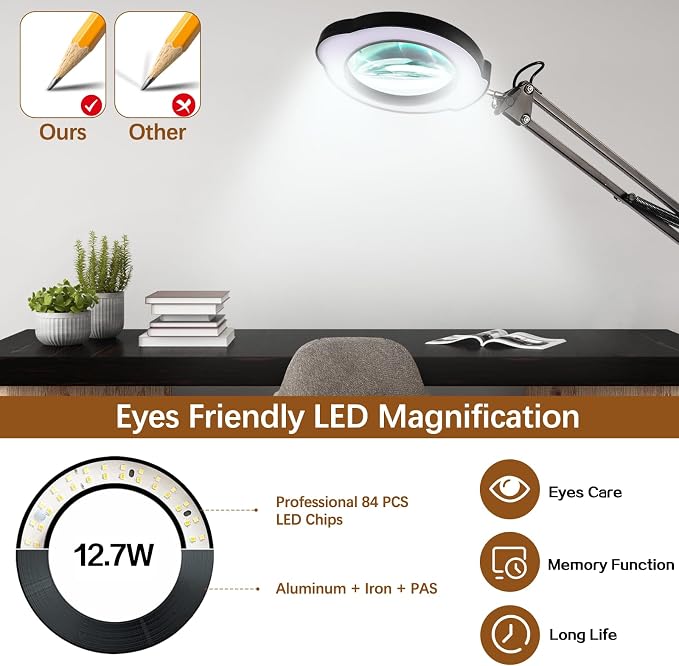 12X Magnifying Glass with Light and Clamp, 84 LEDs Real Glass Lens Magnifying - Image 6