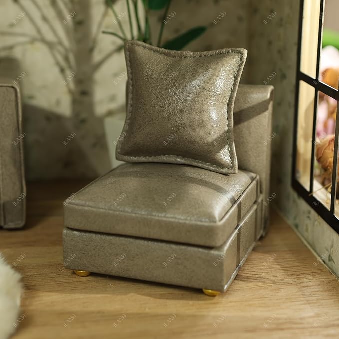 iLAND Dollhouse Furniture Sectional Dollhouse Couch Set Grey Faux Leather Sofa - Image 8