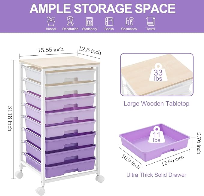 SYKIARIOL Rolling Cart with Drawers, Utility Cart With 8 Drawers and Wooden - Image 2