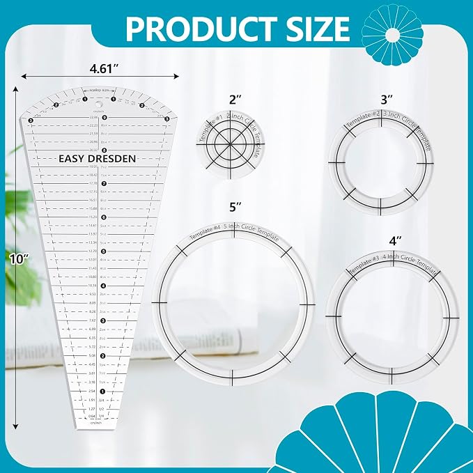 Kigley 5 Pcs Acrylic Quilting Template Ruler 10 Inch Dresden Plate Template - Image 2