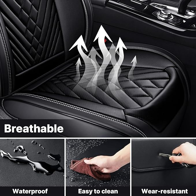 Car Seat Cover Full Set, Waterproof Leather Seat Cover,Front Auto Seat Cover, Car Seat Cushion, Full Coverage Car Seat Protector Universal Fit Most Cars (2 Seat-Headrest,Black)