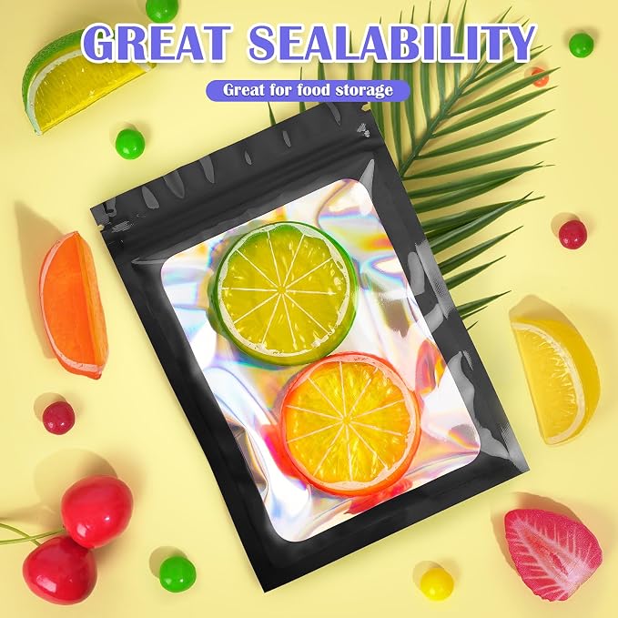 JETMORE 300 Pcs Mylar Bags, Smell Proof Bags Foil Pouch, Holographic Resealable - Image 3