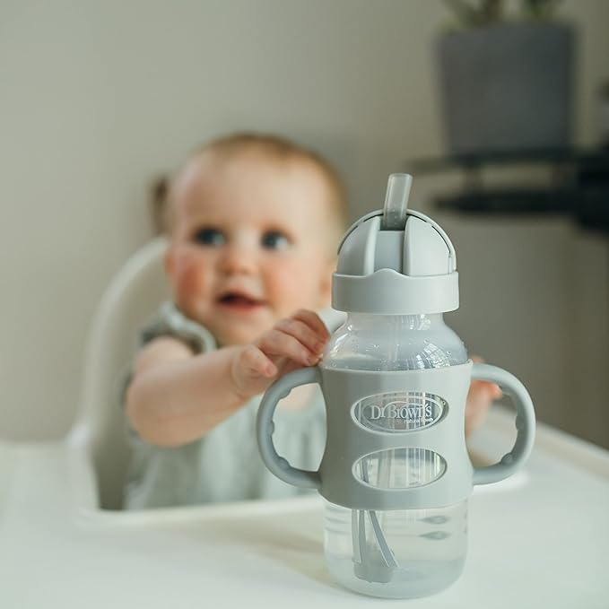 Dr. Brown's Milestones Wide-Neck Sippy Straw Bottle with 100% Silicone Handles and Weighted Straw, 9 oz/270 mL, Gray & Green, 6m+