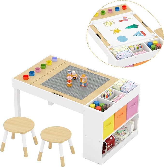 Kids Art Table and 2 Chairs Set, Wooden Craft Desk - Image 9