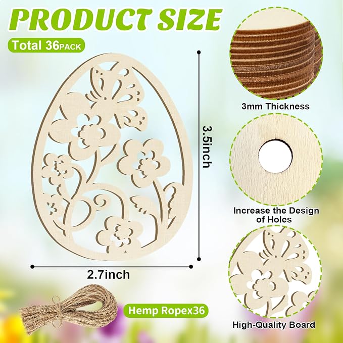 36PCS Wooden Easter Ornaments to Paint, 6 Styles DIY Blank Unfinished Wood Egg - Image 7