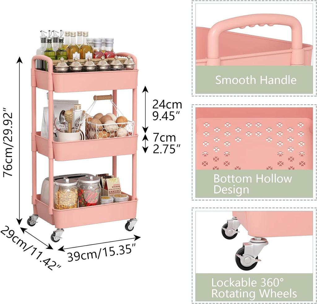 Sywhitta 3-Tier Plastic Rolling Utility Cart with Handle, Multi-Functional Storage Trolley for Office, Living Room, Kitchen, Movable Storage Organizer with Wheels, Pink