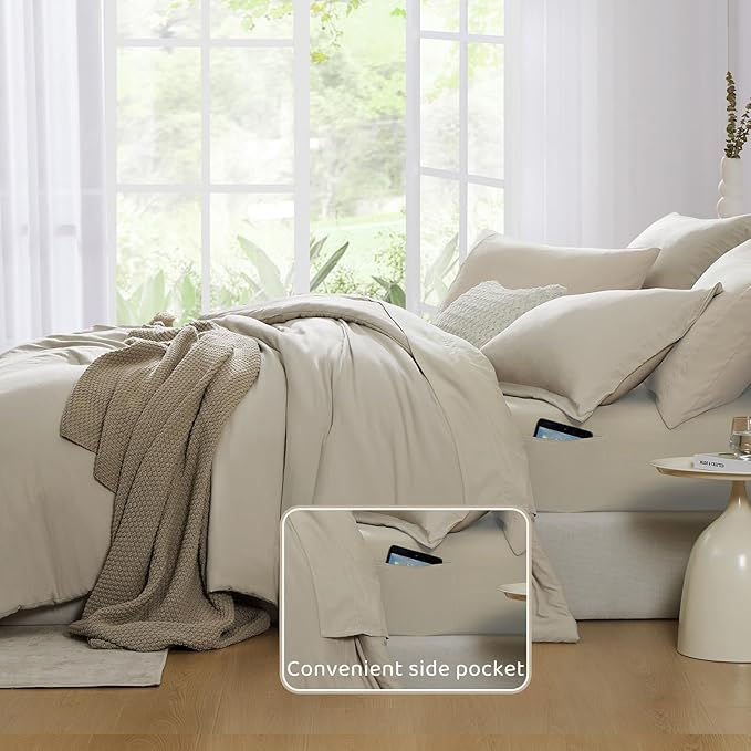 WRENSONGE California King Size Comforter Sets- 7 Pieces Soft Light Oatmeal Bed - Image 6