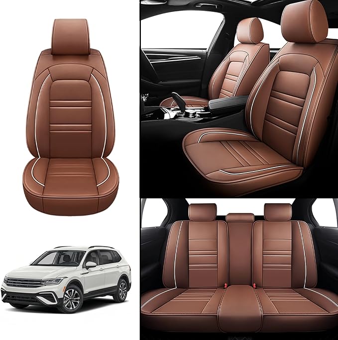 Seat Covers for VW Car tiguan 2009-2025 | 5-Seats Leather Seat Covers, Easy to Install Automotive Seat Covers Full Set (Full Set, Coffee)
