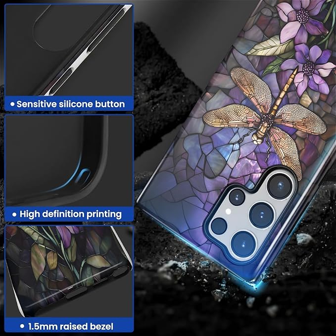for Samsung Galaxy S23 Ultra Case, Stained Glass Dragonfly Pattern Glossy 2 in - Image 3