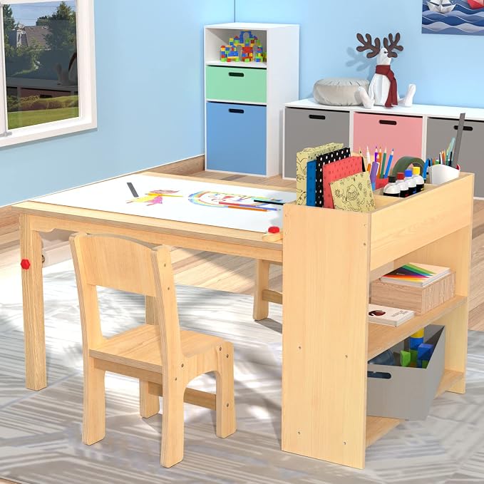 GDLF Kids Art Table and 2 Chairs, Wooden Craft Desk, Activity & Drawing - Image 2