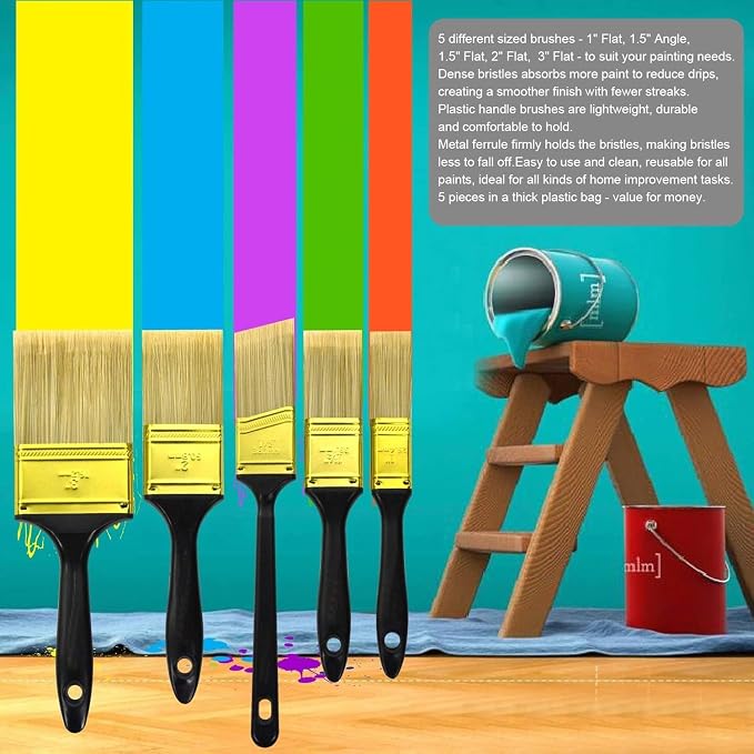 Great Andrew Paint Brushes, 5 Pack 1" 1.5" 2" 3" Flat 1.5" Angled | Paint Brush - Image 6