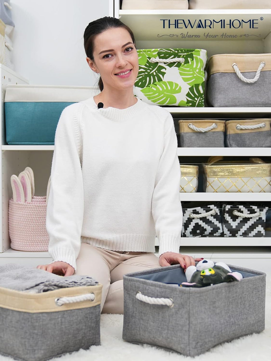 TheWarmHome Storage Bins Basket - Storage Baskets for Organizing Shelves,Home Closet Organizer for Book Shelf Organization,Fabric Storage Cubes,Medium Decorative Grey Basket Gift