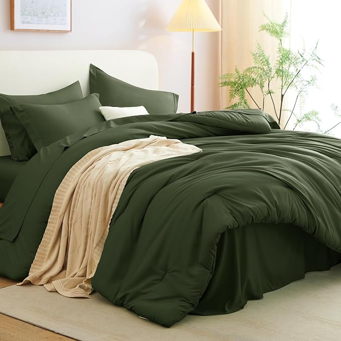 CozyLux Oversized King Comforter Set Olive Green, 7 Pieces Bed in a Bag - Image 8