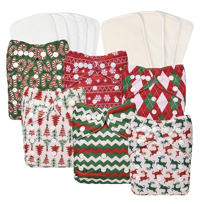 Babygoal Christmas Cloth Diapers 6 Pack with 10pcs Inserts, Reusable Adjustable Washable Baby Pocket Nappy Covers 6FN32