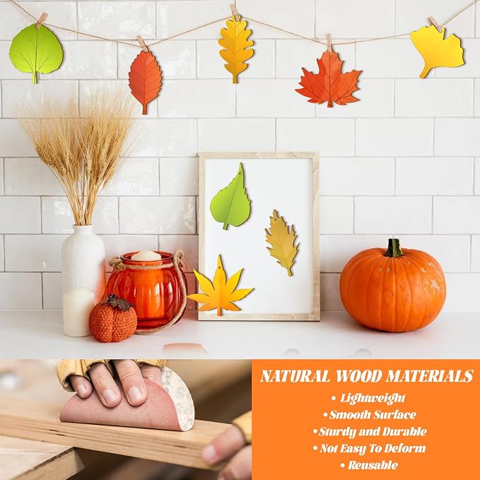Subacy 80 PCS Unfinished Wood Cutouts 8 Styles DIY Wooden Crafts, Autumn Maple - Image 3