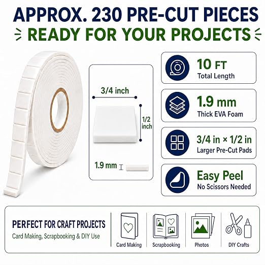 Double Sided Foam Tape, 10 FT Pre-Cut EVA Foam Tape, Approx. 230 Larger Foam - Image 2
