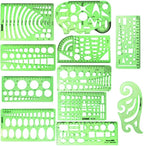 11 Piece Geometric Drawing Template Measuring Ruler, Transparent Green Plastic by IPXEAD