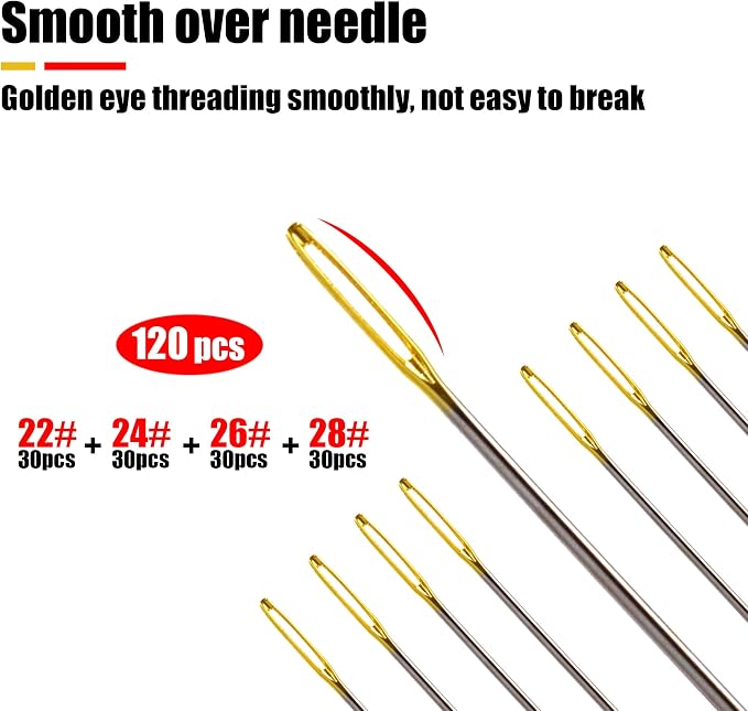 120pcs Cross Stitch Needles +2 Needle Threader Golden Color Large Eyes Cross - Image 3