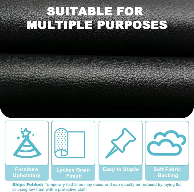 Black Faux Leather Fabric 118"×55" Lychee Grain Upholstery Vinyl - Image 3