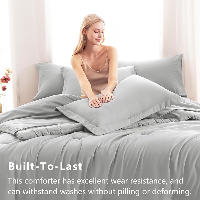 CozyLux Queen Comforter Set Light Grey, 7 Pieces Bed in a Bag Queen Comforter - Image 3